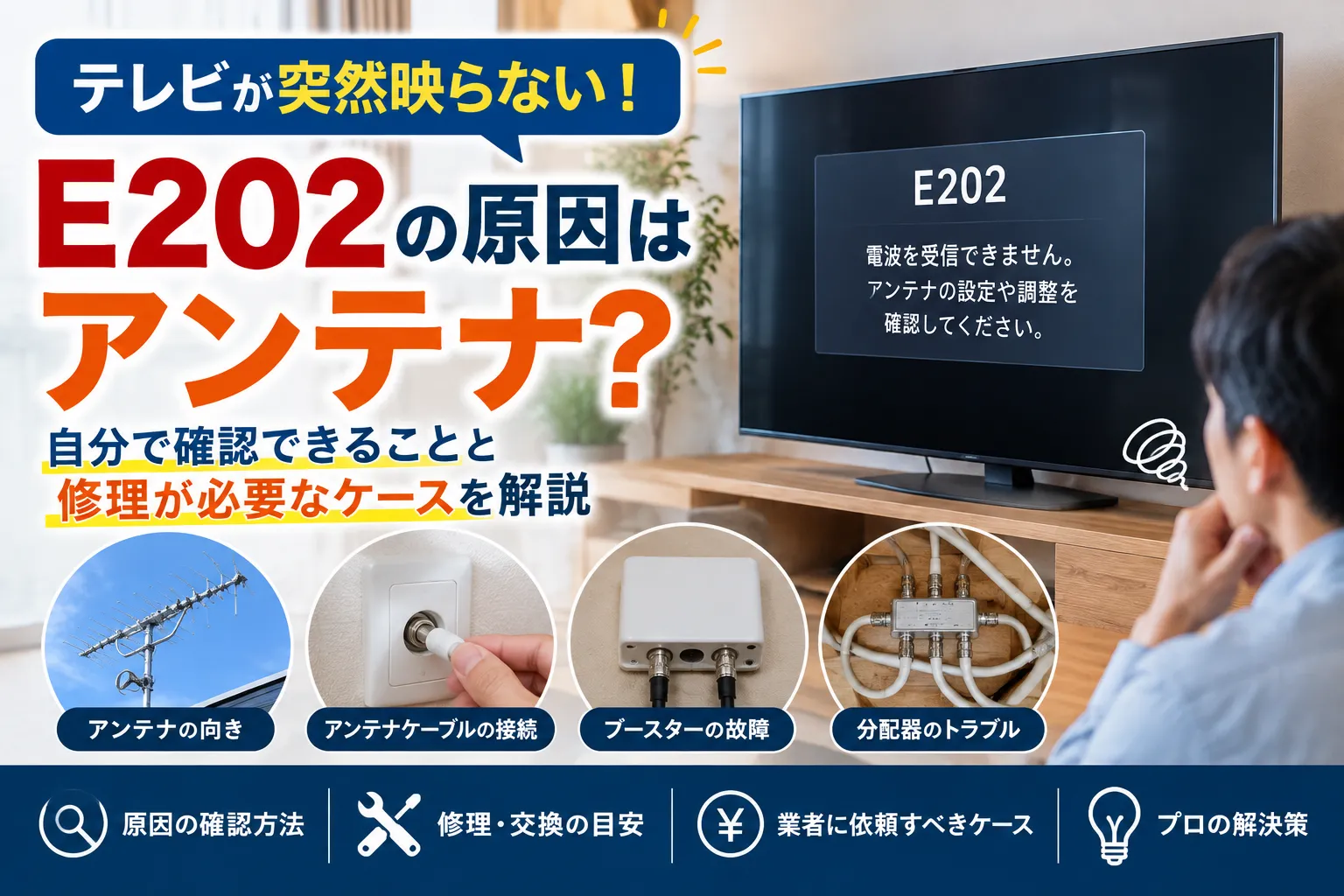 【2026年最新版】テレビが突然映らない!E202の原因はアンテナ?自分で確認できることと修理が必要なケースを解説