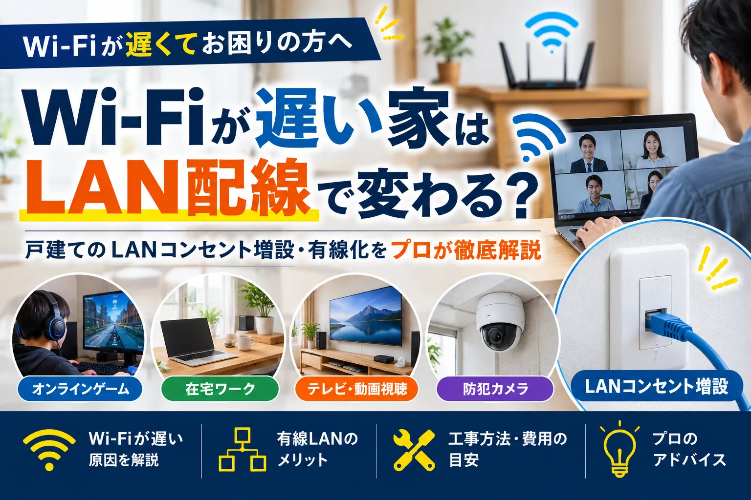 【2026年最新版】Wi-Fiが遅い家はLAN配線で変わる？戸建てのLANコンセント増設・有線化を徹底解説